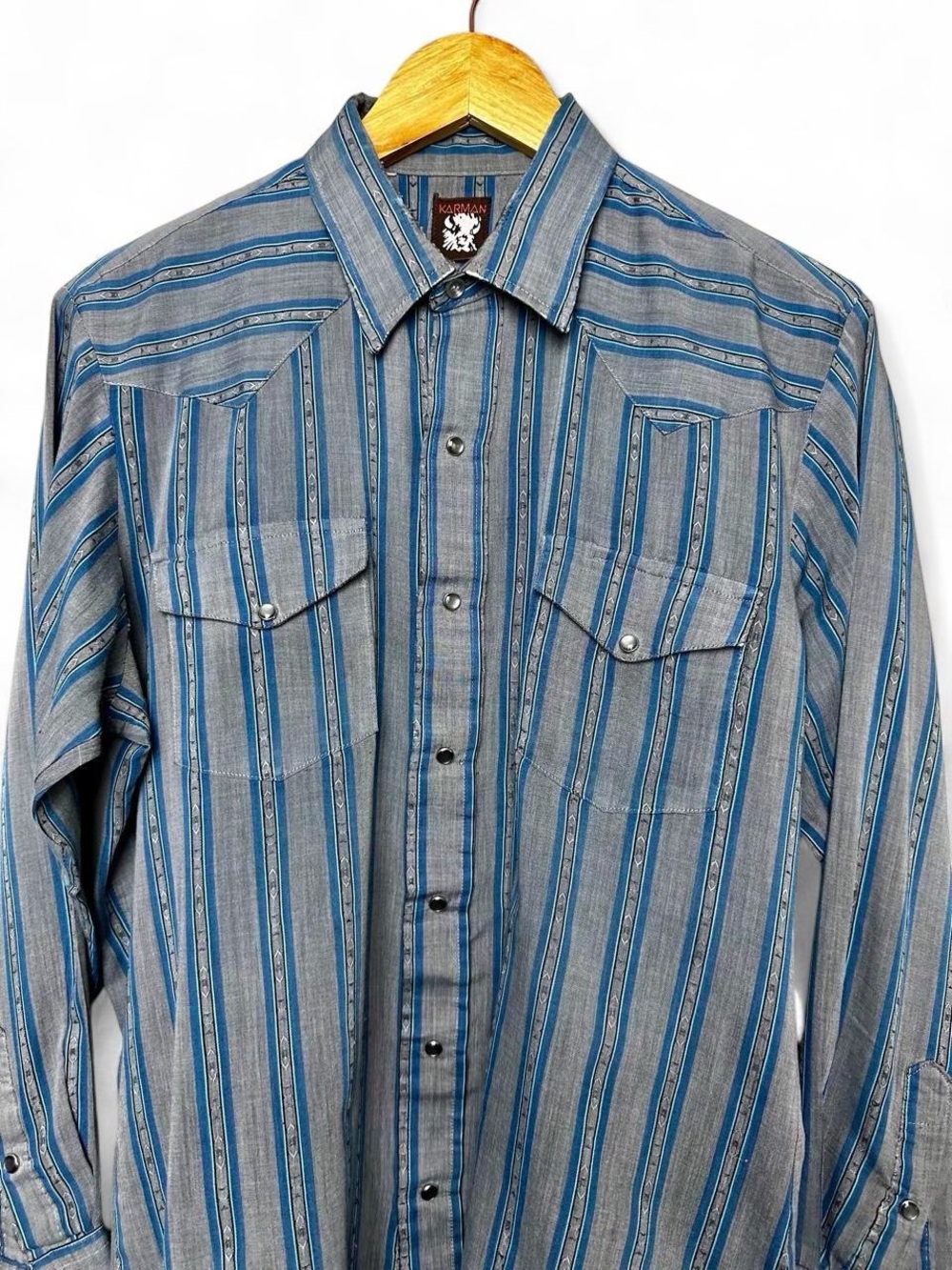 Vintage Karman Blue & Gray Vertical Striped Western Pearl Snap Shirt